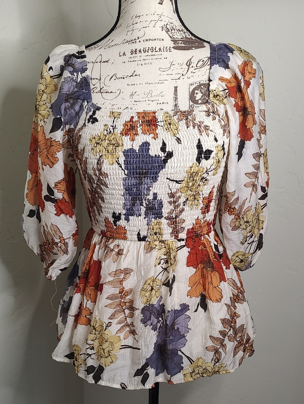 Hayden LA Floral Bobo Smocked Puff Sleeve Peplum Blouse Fall Color SZ: Small - Picture 7 of 12